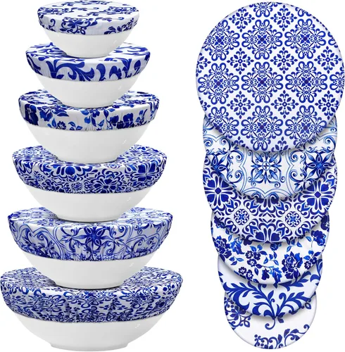 CHENGU 12 fundas reutilizables para tazones de 5 tamaños a granel, tela elástica para tazones de tela para almacenamiento elástico de alimentos a