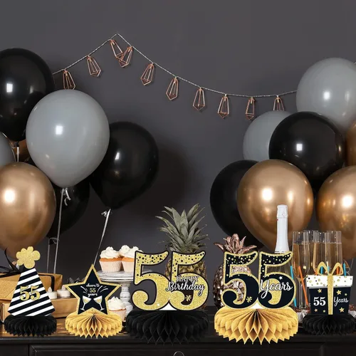 Miniatura 5 de 9 piezas de decoración de cumpleaños número 55 para centros de mesa de cumpleaños 55 para decoración de mesas, decoraciones de nido de abeja de 55