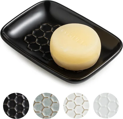 Miniatura 19 de Gomakren Jabonera para ducha, soporte de cerámica para jabón con diseño de panal, bandeja ahorradora de jabón para fregadero de cocina y baño, Beige