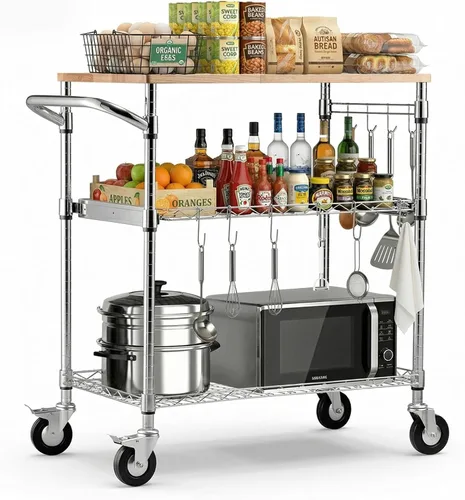 Miniatura 12 de VEVOR Carrito de cocina utilitario de 3 niveles y 23.7 pulgadas, soporte para microondas, estante de almacenamiento resistente, carrito de servicio
