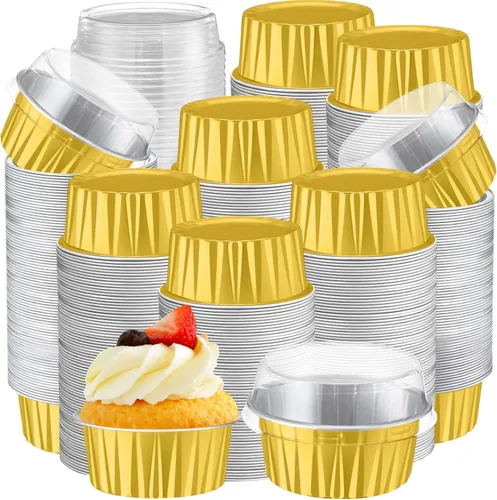 Miniatura 14 de Gejoy 400 Piezas Moldes de Papel de Aluminio para Hornear con Tapas 5 oz Moldes Desechables Ramekins Mini Moldes para Pasteles Crème Brûlée Moldes