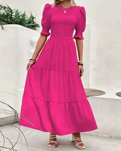 Miniatura 147 de BTFBM Vestidos para mujer, cuello redondo, casual, de verano, con volantes, manga corta, bohemio, con niveles, fruncido, largo, con estampado floral