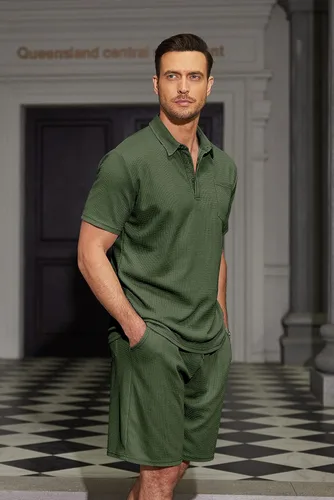 Miniatura 60 de COOFANDY Conjunto de camisa polo y pantalones cortos de punto gofre para hombre, conjunto de 2 piezas, traje de verano casual con bolsillos