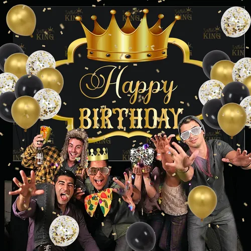 Miniatura 3 de Decoraciones de cumpleaños King para hombres, pancarta de fondo de fiesta de cumpleaños para niños, globos negros y dorados, decoraciones de feliz