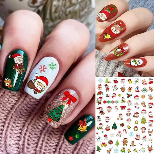 Miniatura 6 de COKTAK 6 hojas de calcomanías de uñas de Navidad para manicura, calcomanías autoadhesivas divertidas de Papá Noel, alce y ciervo, calcomanías