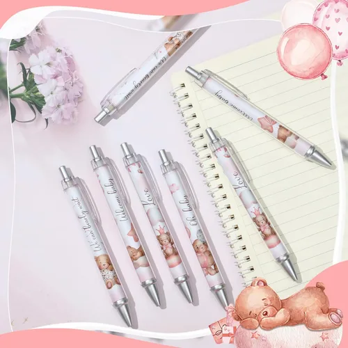 Miniatura 3 de Chuangdi 24 bolígrafos de oso rosa para baby shower, bolígrafos retráctiles a granel, tinta negra con regalos para invitados, suministros escolares