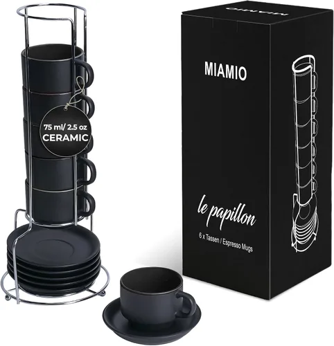 MIAMIO - Juego de tazas de café expreso de 2.5 oz con platillos, juego de tazas de café de 6 piezas - Taza de café de cerámica apilable, taza de