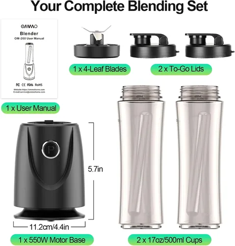 Miniatura 8 de OMMO Licuadora personal de 500 W para batidos, batidos y jugos con cuchillas de 4 aletas, vaso portátil Tritan de 17 onzas sin BPA, potente batidora