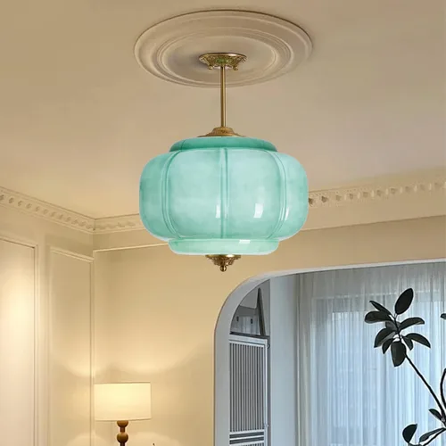 Miniatura 7 de Lámpara de techo de cristal de leche verde, lámpara colgante de calabaza vintage de 15 pulgadas con accesorio de latón antiguo, lámpara colgante