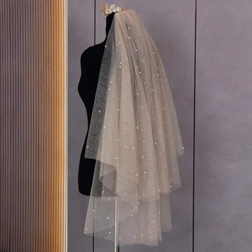 Miniatura 3 de Velo de novia de boda de 2 niveles de tul suave con perlas longitud de los dedos con peine