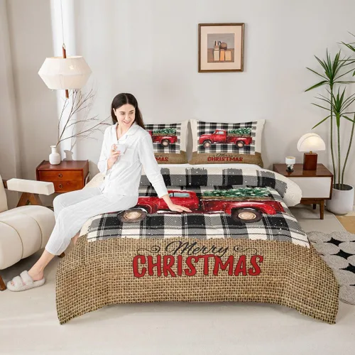 Miniatura 30 de Juego de edredón de Feliz Navidad para niños, tamaño twin, juego de ropa de cama de camión rojo árboles de pino copos de nieve, decoración