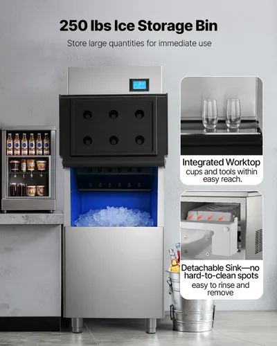 Miniatura 4 de VEVOR Máquina de hacer hielo comercial, máquina de hacer hielo de 360 libras/24 horas con contenedor de almacenamiento grande de 250 libras, máquina