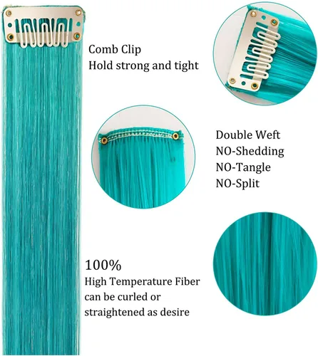 Miniatura 3 de Extensiones de cabello con clip de colores, 8 piezas de cabello sintético liso con reflejos azules y verde azulado
