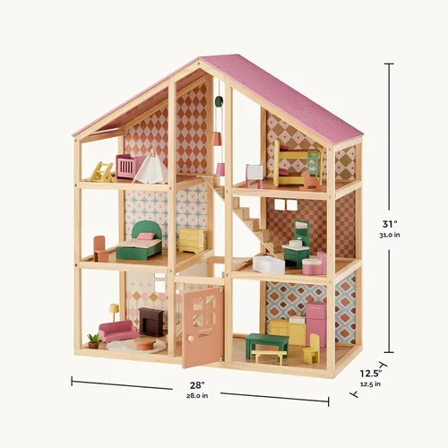 Miniatura 6 de Tiny Land Casa de muñecas de madera para niñas, casa de muñecas de madera de 6 habitaciones, casa de muñecas de bricolaje con 31 accesorios de Rosa