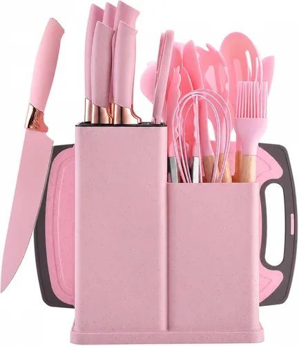 Juego de cocina rosa de 19 piezas para el primer apartamento, utensilios completos de cocina de silicona con asas de madera, juego de cuchillos