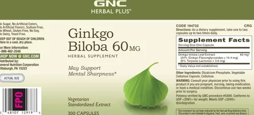 Miniatura 3 de GNC Herbal Plus Ginkgo Biloba 60mg Suplemento, Vegetariano, Apoya la agudeza mental, 300 porciones