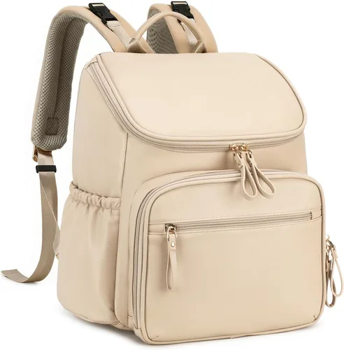 LORADI Mochila ligera para pañales con clips para cochecito, bolsillos aislados, artículos esenciales para baby shower, color beige