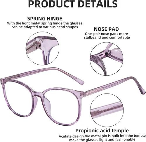 Miniatura 6 de FONHCOO - Lentes con bloqueo de luz azul de moda, redondos, TR90, transparentes, gafas anti UV para computadora para mujeres y hombres Púrpura