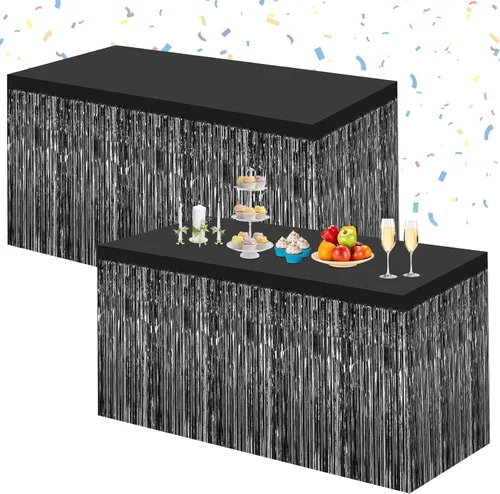 Morcheiong Paquete de 2 Faldas de Mesa de Flecos de Oropel de Papel de Aluminio Negro de 29.5x108 Pulgadas Faldas de Mesa Desechables Banner para
