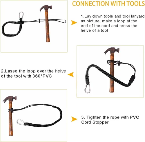 Miniatura 5 de Correa de herramienta retráctil, paquete de 3 correas de seguridad para herramientas con mosquetón de aluminio y clip de cierre y extremo de bucle