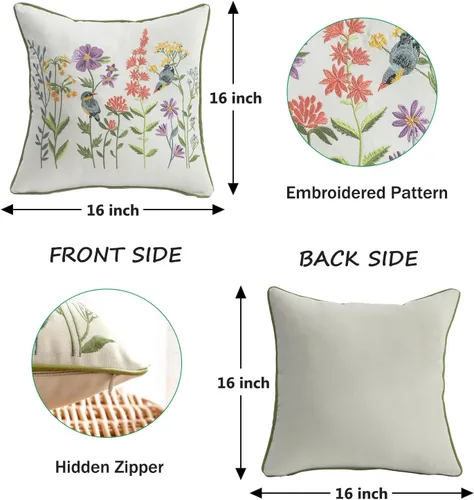 Miniatura 2 de Juego de 2 fundas de almohada bordadas de 16 x 16 pulgadas, diseño vintage de pájaros con flores, fundas de almohada de granja para almohada, fundas