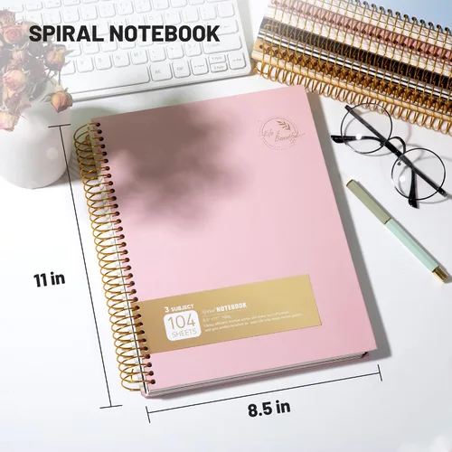 Miniatura 3 de FLYING EAGLE Cuaderno de 3 materias en espiral grande de 8.5 x 11 pulgadas, color rosa para mujeres y hombres, papel grueso de 100 GSM, 104 hojas