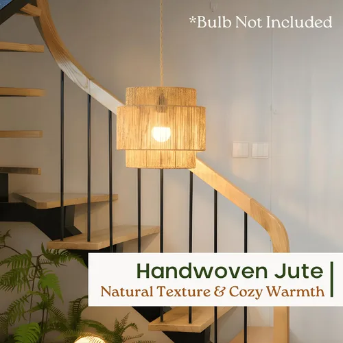 Miniatura 7 de Chi An Home Lámpara colgante de yute bohemio de 11.8 pulgadas con enchufe, lámpara colgante natural tejida a mano con enchufe e interruptor de luz