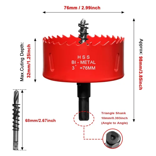Miniatura 2 de Sierra de agujero de 3" (76mm) para madera y plástico, broca de perforación de núcleo de sierra de agujero HSS bimetálica para paneles de yeso, Rojo