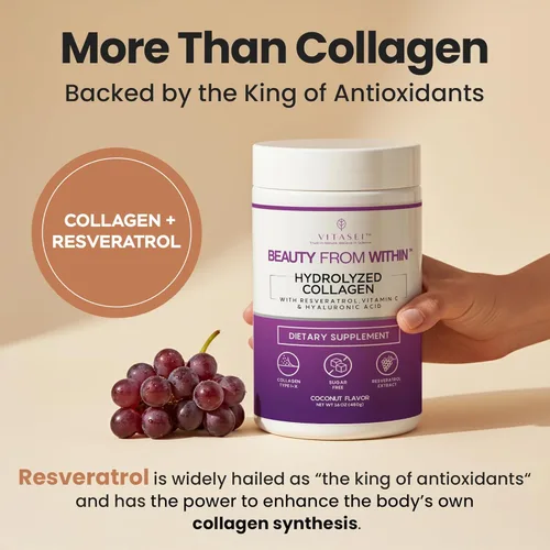 Miniatura 2 de VITASEI Polvo de péptidos de colágeno hidrolizados con resveratrol y vitamina C - Soporte para el cabello, la piel y las articulaciones - Colágeno
