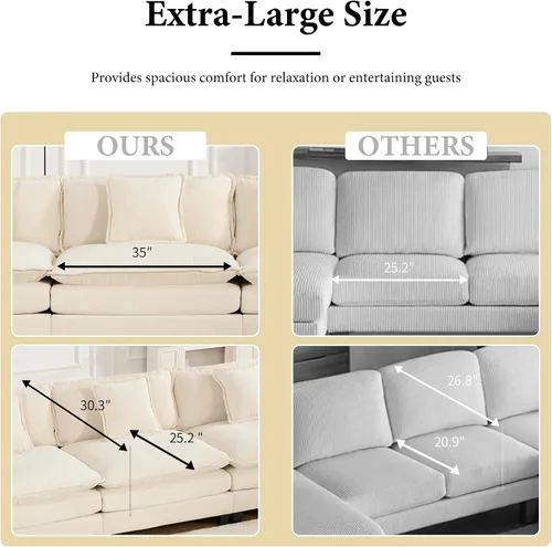 Miniatura 4 de Sofá seccional modular beige de 117.3", sofás seccionales grandes de 3 plazas para sala de estar, sofá nube oversized de tela chenille con otomana
