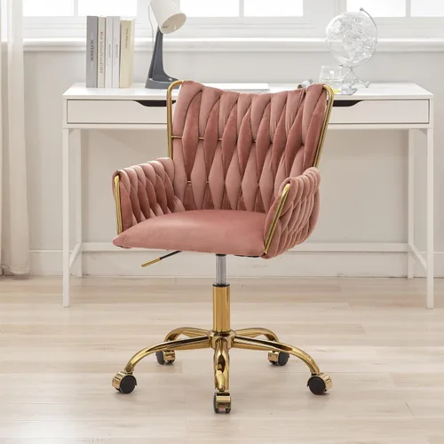 Miniatura 17 de ABET Silla de escritorio de oficina sin ruedas, silla de tocador de terciopelo tejido con respaldo y reposabrazos, cómoda y tapizada con patas
