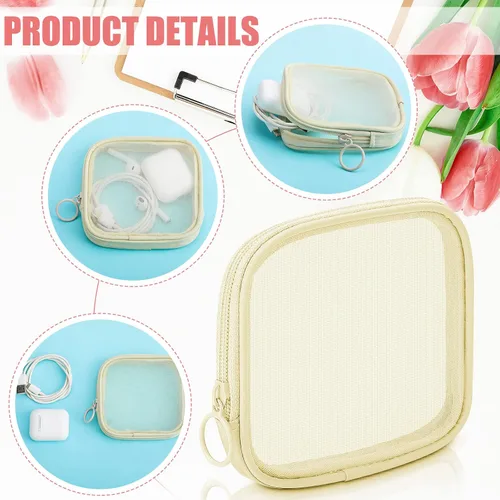 Miniatura 4 de Weewooday 4 piezas de malla para maquillaje, bolsa de cosméticos de malla, bolsa de aseo de viaje con cremallera, mini bolsa de cosméticos de Beige