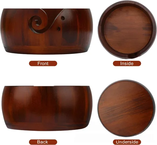 Miniatura 3 de Joyeee Cuenco de almacenamiento de hilo de madera hecho a mano, 6 pulgadas con agujeros tallados y perforados, regalo para entusiastas de tejer