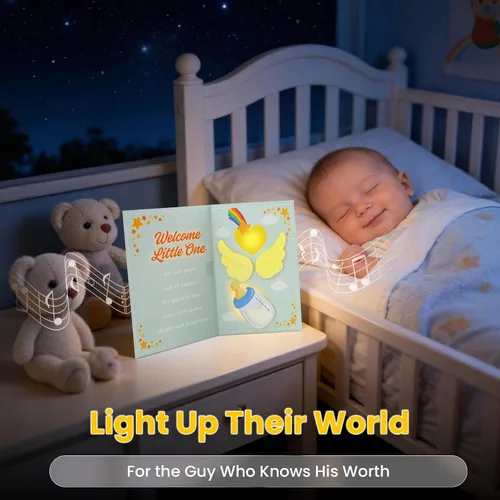 Miniatura 3 de Tarjeta musical de alta calidad para baby shower con luz LED cálida, alas de ángel de felpa 3D, recuerdo de canción de cuna para nuevos padres
