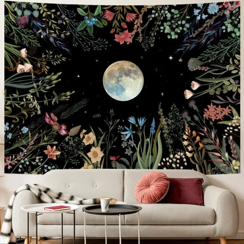 Miniatura 2 de Amhokhui Tapiz de jardín iluminado por la luna, tapiz bohemio de luna, tapiz floral de flores, tapices de plantas coloridas, tapices negros