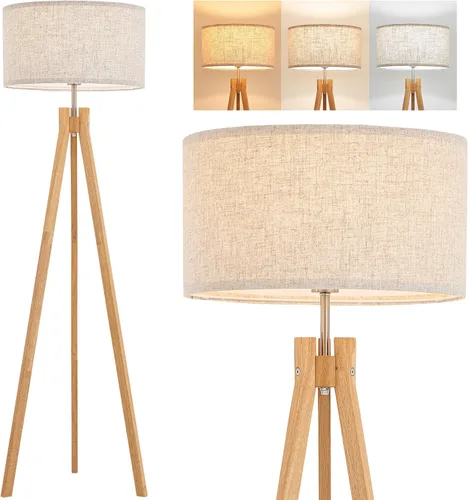 Miniatura 11 de ELYONA Lámpara de pie de trípode de madera estilo granja, lámpara de pie moderna de lectura con bombilla LED de 3 temperaturas de color y pantalla