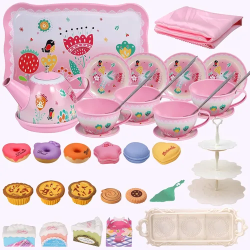 Miniatura 3 de Juego de fiesta de té para niñas pequeñas, juguete de la hora del té de la princesa de PRE-WORLD que incluye postre, galletas, dona, bandeja