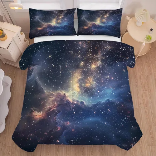 Miniatura 11 de Juego de edredón de galaxia azul, tamaño individual, ropa de cama espacial para niños, niñas, adolescentes, decoración de dormitorio, luna, nube