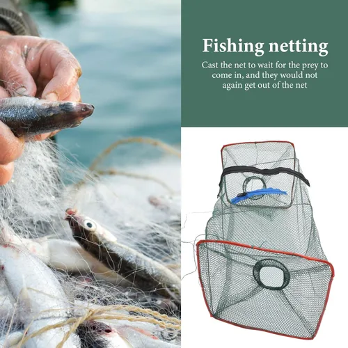 Miniatura 8 de Unomor Red de langosta plegable portátil de 18.11 x 8.66 pulgadas, trampa para cangrejos, jaula de cebo de cangrejo para cangrejos, red de pesca