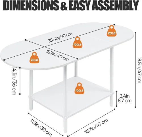 Miniatura 2 de Mesa de centro blanca para sala de estar, mesa central ovalada de mediados de siglo con estante de almacenamiento y superficie de madera, mesa de té