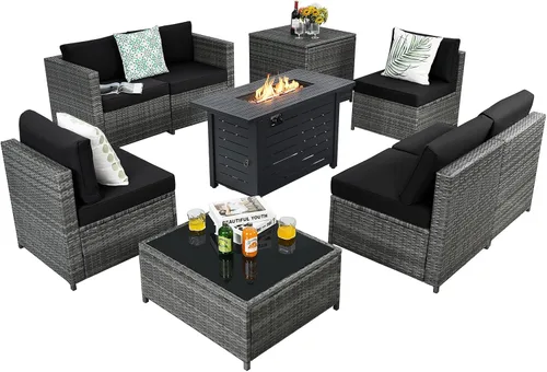 Tangkula Patiojoy - Juego de muebles de ratán de patio de 9 piezas, juego de sofá seccional con caja de almacenamiento, mesa auxiliar, juego de