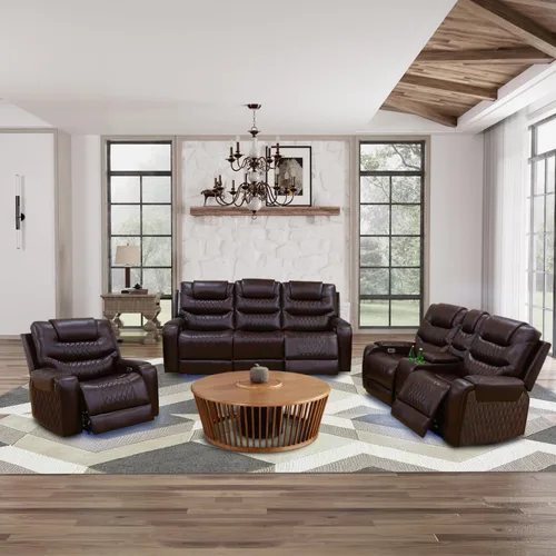 Miniatura 9 de Sofá reclinable eléctrico, sillón reclinable de cuero con LED/almacenamiento, sillón reclinable de cine en casa de 3 plazas, sofá de cuero negro