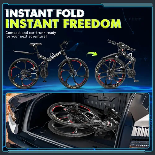 Miniatura 5 de Max4out Bicicleta de montaña plegable de 26 pulgadas, bicicleta de suspensión completa de 21 velocidades, freno de doble disco, neumático