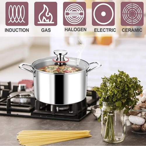 Miniatura 5 de LIANYU Olla de acero inoxidable 18/10 de 6 cuartos con tapa, olla de cocción de sopa resistente de tres capas, olla de cocción de pasta, olla