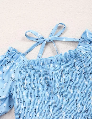 Miniatura 5 de Vestido de niña pequeña, cuello cuadrado, manga abombada, acampanado, vestidos florales de verano para niñas pequeñas, 2-6T