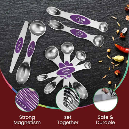 Miniatura 5 de Juego de 9 cucharas medidoras magnéticas de acero inoxidable, apilables, de doble cara, cucharas medidoras para medir ingredientes secos y líquidos