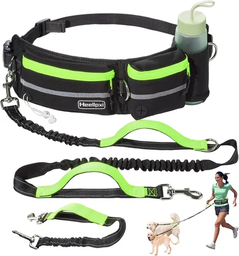 Miniatura 13 de Correa para perro con cinturón, costuras reflectantes, asas dobles, diseño retráctil elástico, perfecto para correr, negro, adecuado para perros