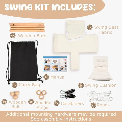 Miniatura 4 de Columpio para Bebé Interior y Exterior Asiento de Columpio para Niños Pequeños con Cinturón de Seguridad, Columpios Colgantes de Lona Exterior Crema
