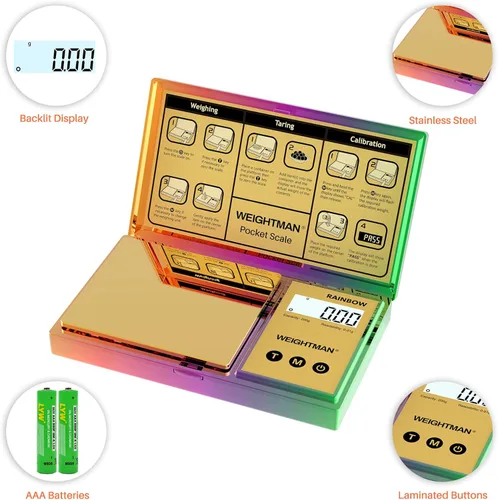 Miniatura 4 de WEIGHTMAN Báscula digital brillante de gramos, 7.05 oz x 0.01, mini báscula cromada arcoíris para alimentos y gramos, báscula de bolsillo con Multi