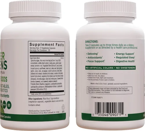 Miniatura 8 de COUNTRY FARMS Super Greens Vegicaps, 32 súper alimentos, suplemento de alimentos integrales, verduras, frutas, vegetales, hongos y probióticos, rico